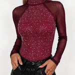 Women's Rhinestone Mesh Long Sleeve Top Mock Neck Sparkle Slim Fit Tee