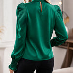 Women's Satin Blouse Mock Neck Puff Sleeve Shirt Back Tie Bow Elegant Ruched Shirt Shirred Frill Cuff Work Top
