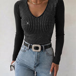 Women's V Neck Rhinestone Top Long Sleeve Ribbed Knit Tee Slim Fit Pullover Casual Base Layering Top