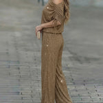 Women's Two-Piece Rhinestone Lounge Suit Skew Neck Top and Wide-Leg Pant Set Elegant Commuter Outfit with Pockets