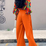 2 Pieces Outfit Multi-color All Over Print Cowl Neck Lantern Sleeve Stretchy Hem Loose Crop Top and Casual Elastic Back Waist Wide Leg Pants Set