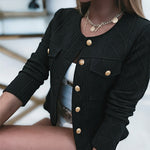 Women's French Style Cropped Jacket Round Neck Gold Button Coat Argyle Cable Jacquard Knit Outerwear