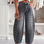 Women's Barrel Jeans High Waisted Side Button Denim Pants Distressed Washed Baggy Trousers Retro Y2K Streetwear