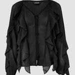 V Neck Shoulder Ruffles Design Blouse Casual Button Front Long Sleeve Top