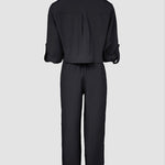 2 Pieces Outfit Turn-down Collar Turn-Up Sleeves Button Front Flap Pockets Design Top and Causal Zipper Fly Elastic Back Waist Wide Leg Pants Set