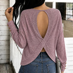 Women's Criss Cross Hollow-out Loose Top Drop Shoulder Long Sleeve Pullover