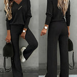 2 Pieces Outfit Button Decor V-Neck Long Sleeve Top and Elastic Waist Straight Leg Pants Set Casual Ribbed Set