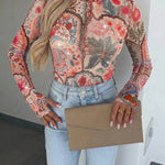 Women's Vintage Floral Rhinestone Mesh Top Slim Fit Long Sleeve Tee with Thumb Holes