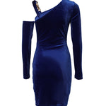 Women's Asymmetrical Neck Gold Chain Detail Ruched Velvet Bodycon Mini Dress