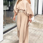 2 Pieces Outfit Turn-down Coll  Long Sleeve Button Front Satin  Shirt and Casual Vintage Floral  Print Elastic Back Waist Wide Leg  Pants Set without Belt