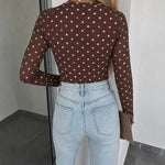 Women's Mesh Polka Dot Top Lined Sheer Long Sleeve Tee Crewneck Slim Fit Layering Under Base Top with Thumbholes