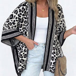 Women's Leopard Print Poncho Cardigan Contrast Striped Trim Open Front Loose Fit Batwing Sleeve Knit Cape Shawl