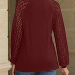 Contrast Lace Round Neck Lantern Sleeve Ruched Blouse Elegant Shirt