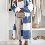 Women's Checkerboard Knit Cardigan Oversized Long Chunky Sweater Loose Lantern Sleeve Coat with Pockets