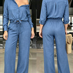 Women's 2 Piece Textured Set Button Down Shirt and Wide Leg Pants Set Casual Loose Lightweight Outfits with Pockets