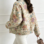 Women's Vintage Floral Jacquard Jacket Elegant Stand Collar Snap Button Loose Fit Coat