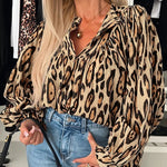 Leopard Print Round Neck Long Sleeve Front Button Blouse Casual Top