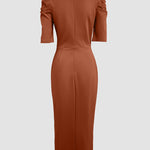 3D Flower Decor Round Neck Puff Sleeve Bodycon Dress Casual Ruched Slit Zipper Back Work Dress