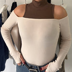 Women's Mock Neck Cold Shoulder Faux Two-Piece Top Colorblock Slim Fit Knit Top