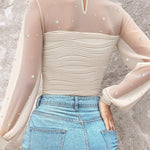 Pearls Decor Mock Neck Sheer Mesh Spliced Ruched Tee Hollow-out Back Slim Fit Textured Top