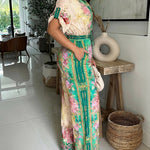 Vintage Floral Print Turn-down Collar Roll Up Sleeve Button Front Overalls Casual Drawstring Stretchy Waist Wide Leg Vacation Jumpsuit