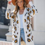 Women's Leopard Pattern Open Front Mid-length Knit Cardigan Sweater Coat
