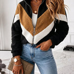 Women's Colorblock Faux Shearling Jacket Casual Zip Up Stand Collar Teddy Coat