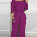 Off Shoulder V Back Elastic Waist Pockets Design Jumpsuit Casual Drop Shoulder Cinched Waist Wide Leg Jumpsuit