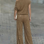 Women's Two-Piece Rhinestone Lounge Suit Skew Neck Top and Wide-Leg Pant Set Elegant Commuter Outfit with Pockets