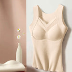 Sheer Mesh Spliced V Neck Sleeveless Built In Bra Tank Casual Warm Fleece Lined Slim Fit Top