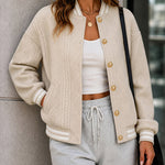 Women's Cable Crop Bomber Jacket Casual Long Sleeve Button Front Coat