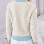 Women's Contrast Binding Knit Cardigan Pearl Beaded Textured Cropped Sweater Elegant Rhinestone Button Coat
