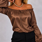 Women's Off Shoulder Satin Frill Trim Tie Front Lantern Sleeve Top
