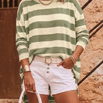 Women's Striped T Shirt Long Sleeve Drop Shoulder Crewneck Tee Side Slit Casual Loose Fit Top