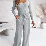 Women's Ribbed Knit Lounge Set Lace Trim Square Neck Long Sleeve Top and Straight Leg Drawstring Pants with Pockets
