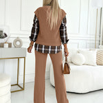 Vintage Plaid Print Spliced Turn-down Collar Long Sleeve Faux Two-Piece Top and Elastic Waist Pants Set Casual Ribbed Brushed Commuting Set