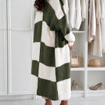 Women's Checkerboard Knit Cardigan Oversized Long Chunky Sweater Loose Lantern Sleeve Coat with Pockets