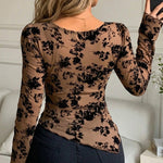 Women's Deep V Neck Mesh Top Flocked Floral Drawstring Ruched Slim Fit Blouse Lined Flare Long Sleeve Shirt