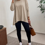 Women's Asymmetric Hem Long Sleeve Top Loose Fit Dropped Shoulder Crewneck Soft Slouchy Casual Tee