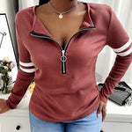 Striped Print Zipper Front Long Sleeve Top  Waffle Knit Loose Fitting Tunic Tops