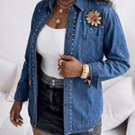 Women's Rhinestone Denim Shacket Vintage Badge Embroidered Button Down Long Sleeve Washed Jean Jacket