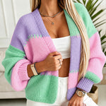 Women's Colorblock Knit Cardigan Chunky Knit Sweater Ribbed Trim Long Sleeve Casual Loose Knitwear