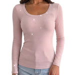 Women's Rhinestone Embellished Ribbed Long Sleeve Layering Top Slim Fit U-Neck Knit Tee Elegant Stretchy Pullover