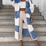 Women's Checkerboard Knit Cardigan Oversized Long Chunky Sweater Loose Lantern Sleeve Coat with Pockets