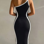 Women's One Shoulder Contrast Midi Bodycon Dress Beach Vacation Dress