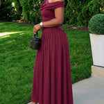 Women's Cowl Neck Lace Spliced Maxi Dress Skew Neck Ruched A Line Dress