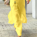 2 Pieces Outfit Button Decor One Shoulder Turn-Up Sleeves Slit Raw Edges Top and Casual Drawstring Elastic Waist Wide Leg Pants Set