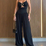 Women's Gold Ring Hollow Out Wide Leg Jumpsuit Backless Adjustable Strap Romper Elegant Party Jumpsuit