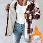 Plaid Pattern Long Sleeve Shacket Button Down Fleece Lined Hooded Jackets Warm Coat