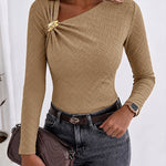 Women's Asymmetrical Neck Gold Buckle Twist Long Sleeve Top Textured Slim Fit Tee
